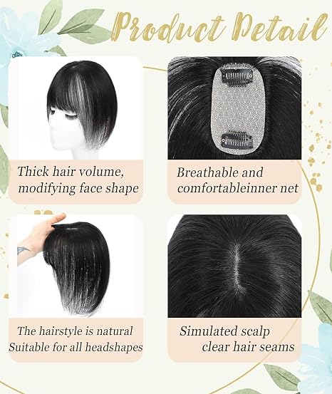 3D Hair Topper with Front Bangs - Covers White Hair and Visible Frontline - 2 Clips