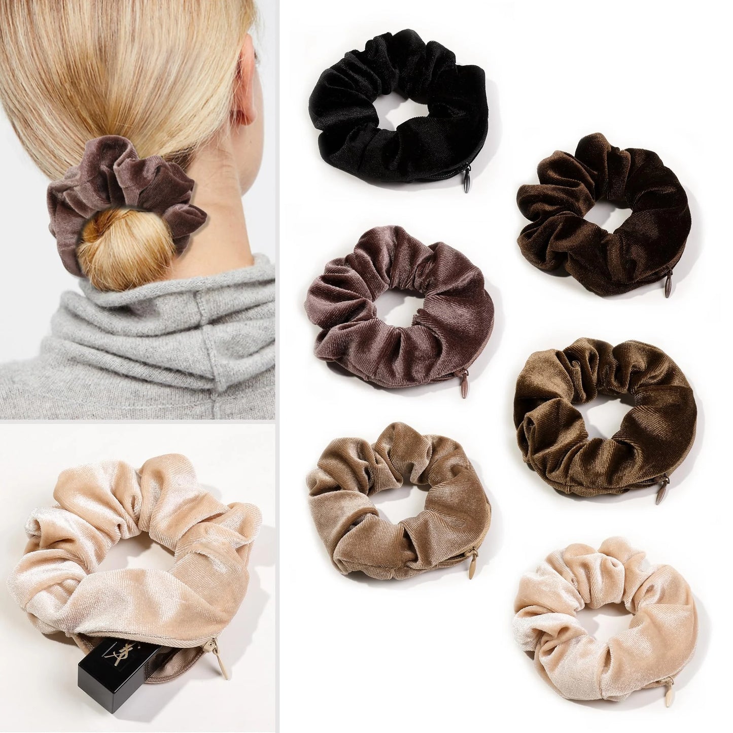 Velvet Hair Ties with Zipper - Set of 3 Pieces