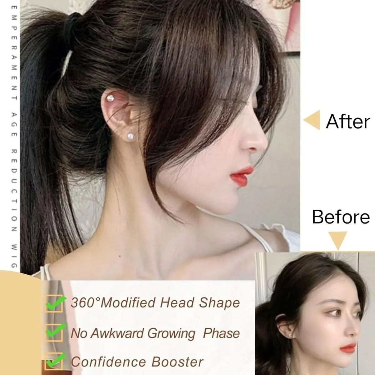 3D Hair Topper with Front Bangs - Covers White Hair and Visible Frontline - 2 Clips