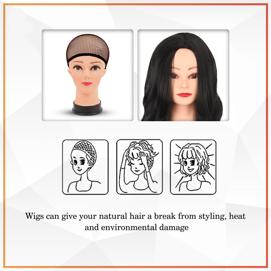 Hair Wig Full Head For Women and Girls, Real Hair Wig for women Length Natural Looking Wig with Adjustable Cap | Fashion, Party & Cosplay Use Includes 2 Pcs Wig Cap ((066F NB + 2pc Wig Cap) Black)