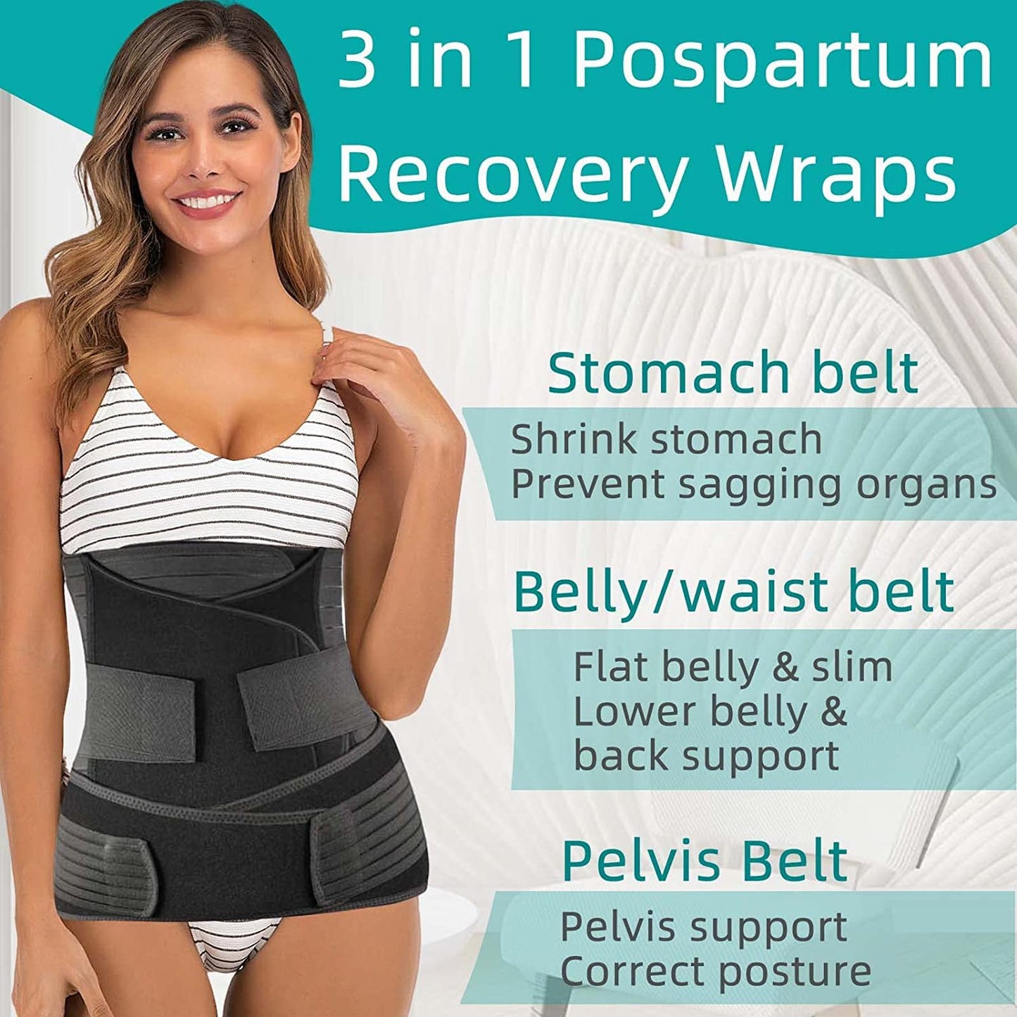 3-in-1 Postpartum Belly Wrap | Abdominal, Waist & Pelvic Support Belt for Post-Pregnancy Recovery | Adjustable & Breathable Belly Binder for Natural & C-Section Birth